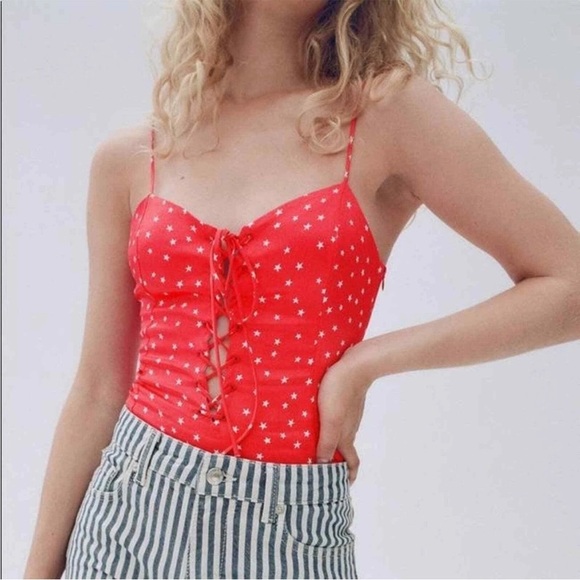 NWT ZARA Red Star Lace-Up Bodysuit S - Picture 1 of 14